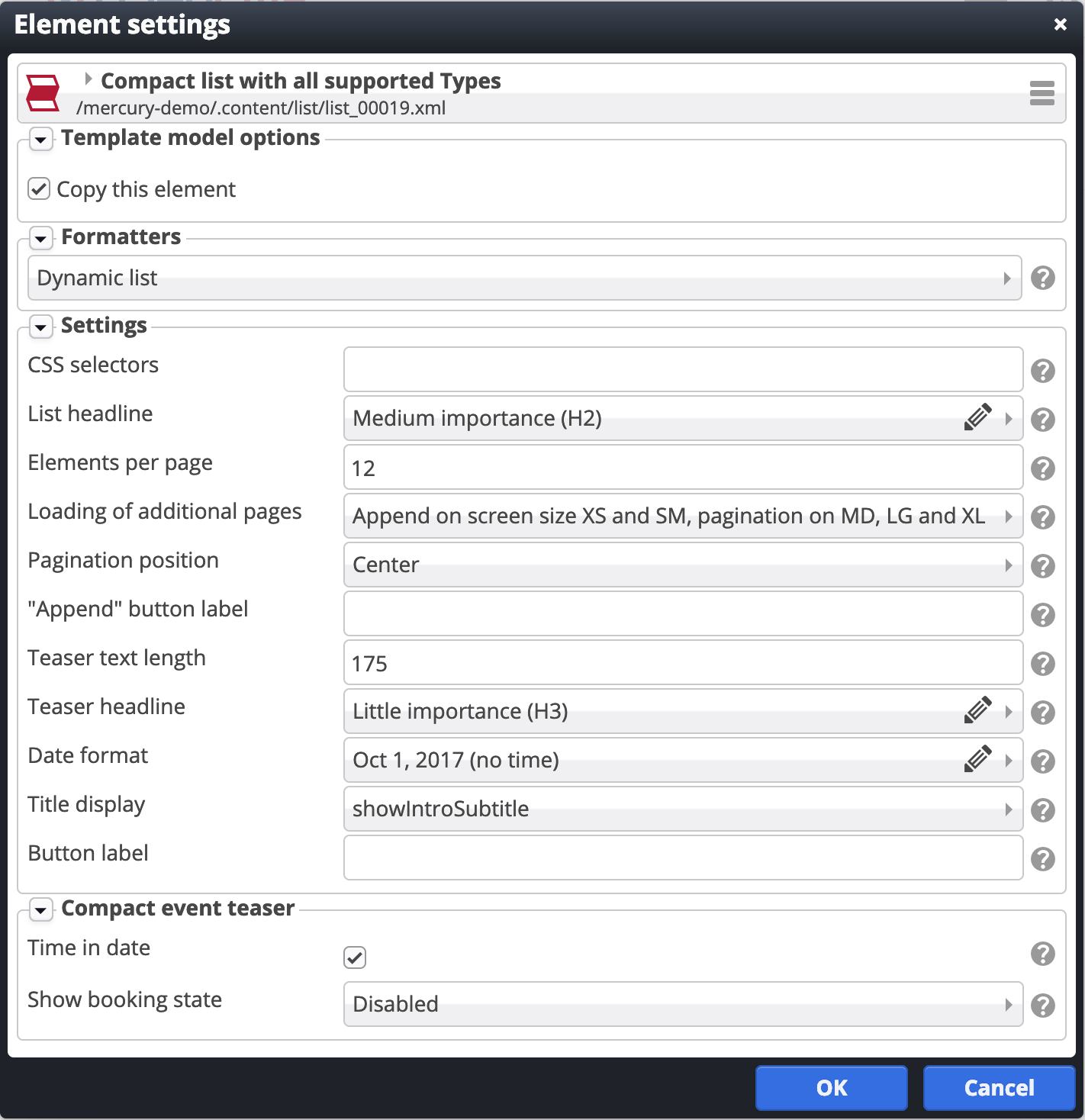 Settings mixed from a list and the used display formatters